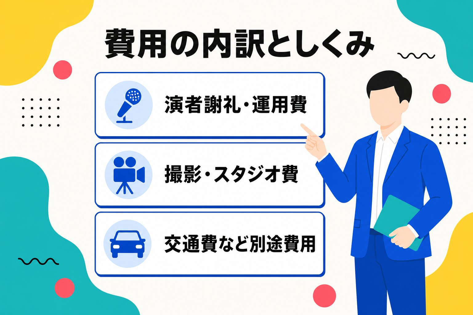 インフルエンサーキャスティング費用の内訳（演者謝礼・撮影費・別途費用）を示す図解