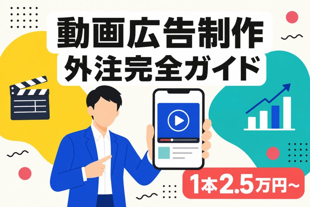 動画広告制作の外注ガイドを示すアイキャッチ画像で費用相場のバッジが入っている